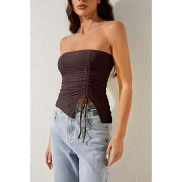 MISSACTIVER Women’s Strapless Sleeveless Tube Top Mesh Double Layer Ruched Side Asymmetrical Lace ...