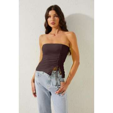 MISSACTIVER Women’s Strapless Sleeveless Tube Top Mesh Double Layer Ruched Side Asymmetrical Lace Up Bandeau Cami Tank Tops(Small,Brown)