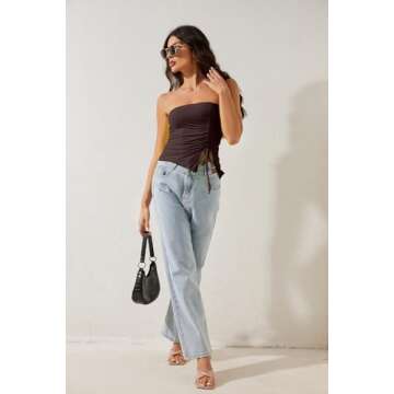 MISSACTIVER Women’s Strapless Sleeveless Tube Top Mesh Double Layer Ruched Side Asymmetrical Lace Up Bandeau Cami Tank Tops(Small,Brown)