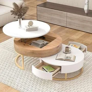 Modern Lift-top Coffee Table for Living Room, Set of 2 Round Nesting Coffee Table, Center Table with 2 Drawers, Suitable for Living Room and Office (Oak Natural Wood + Antique White)