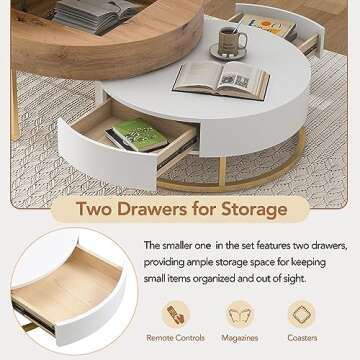 Modern Lift-top Coffee Table for Living Room, Set of 2 Round Nesting Coffee Table, Center Table with 2 Drawers, Suitable for Living Room and Office (Oak Natural Wood + Antique White)