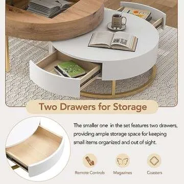 Modern Lift-top Coffee Table for Living Room, Set of 2 Round Nesting Coffee Table, Center Table with 2 Drawers, Suitable for Living Room and Office (Oak Natural Wood + Antique White)
