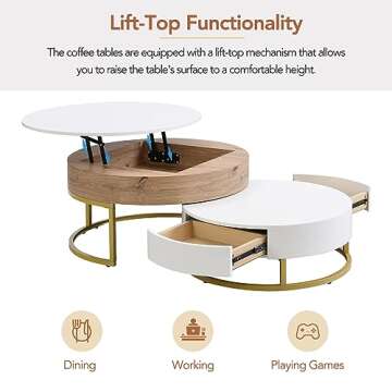 Modern Lift-top Coffee Table for Living Room, Set of 2 Round Nesting Coffee Table, Center Table with 2 Drawers, Suitable for Living Room and Office (Oak Natural Wood + Antique White)
