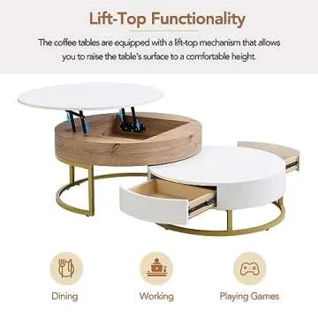 Modern Lift-top Coffee Table for Living Room, Set of 2 Round Nesting Coffee Table, Center Table with 2 Drawers, Suitable for Living Room and Office (Oak Natural Wood + Antique White)