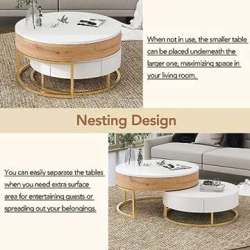 Modern Lift-top Coffee Table for Living Room, Set of 2 Round Nesting Coffee Table, Center Table with 2 Drawers, Suitable for Living Room and Office (Oak Natural Wood + Antique White)