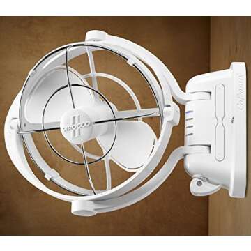 SEEKR Sirocco II™ Fan from by Caframo. 12V/24V Auto-Sensing DC, Omnidirectional Low-Power Draw Fan for Boats and RVs. Hardwire Installation Required. Made in Canada. White.