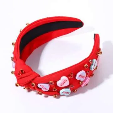 CEALXHENY Valentine's Day Headband for Women, XOXO Red Pink Beaded Heart Headbands with Rhinestone C...