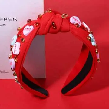CEALXHENY Valentine's Day Headband for Women, XOXO Red Pink Beaded Heart Headbands with Rhinestone Crystal Knotted Jeweled Hairband, Valentine's Day Hair Accessories Gifts