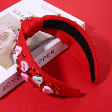 CEALXHENY Valentine's Day Headband for Women, XOXO Red Pink Beaded Heart Headbands with Rhinestone Crystal Knotted Jeweled Hairband, Valentine's Day Hair Accessories Gifts