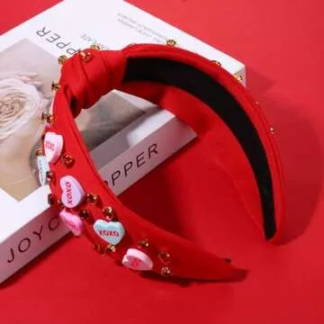 CEALXHENY Valentine's Day Headband for Women, XOXO Red Pink Beaded Heart Headbands with Rhinestone Crystal Knotted Jeweled Hairband, Valentine's Day Hair Accessories Gifts