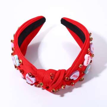 CEALXHENY Valentine's Day Headband for Women, XOXO Red Pink Beaded Heart Headbands with Rhinestone Crystal Knotted Jeweled Hairband, Valentine's Day Hair Accessories Gifts