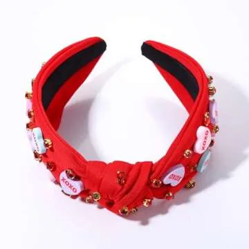 CEALXHENY Valentine's Day Headband for Women, XOXO Red Pink Beaded Heart Headbands with Rhinestone Crystal Knotted Jeweled Hairband, Valentine's Day Hair Accessories Gifts