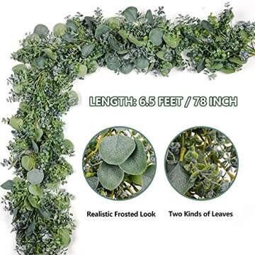TOPHOUSE Artificial Eucalyptus Leaves Garland, 6.5ft Fake Greenery Frosted Vine for Wedding Table Runner Mantel Home Decor