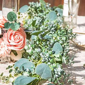 TOPHOUSE Artificial Eucalyptus Leaves Garland, 6.5ft Fake Greenery Frosted Vine for Wedding Table Runner Mantel Home Decor