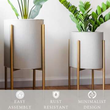 Aspire Mid-Century Modern Planter Set of 2, Gray Indoor Plant Pots with Golden Metal Stand, Home Dec...