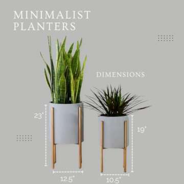 Aspire Mid-Century Modern Planter Set of 2, Gray Indoor Plant Pots with Golden Metal Stand, Home Decor Planters for Plants, Hallway, Bedroom, Living Room