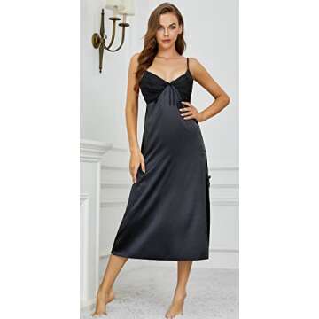 EPLAZA Women Plain Satin Chemise Long Slip Night Dress Gown Sleepwear Loungewear (Medium, black)