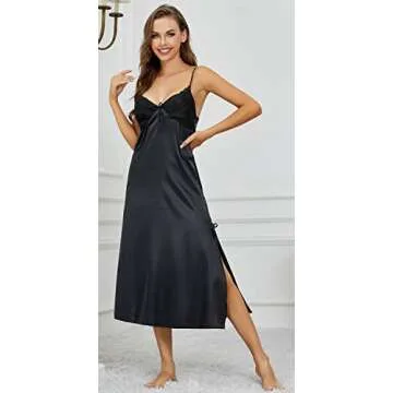 EPLAZA Women Plain Satin Chemise Long Slip Night Dress Gown Sleepwear Loungewear (Medium, black)
