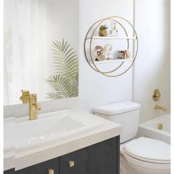 Kate and Laurel Sequoia Modern Round Wall Shelf, 24" Diameter, White and Gold, Contemporary Glam 2-Tier Floating Shelf Decor