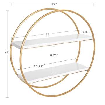 Kate and Laurel Sequoia Modern Round Wall Shelf, 24" Diameter, White and Gold, Contemporary Glam 2-Tier Floating Shelf Decor