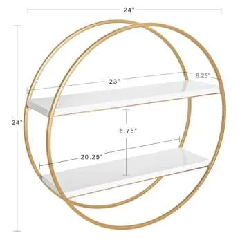 Kate and Laurel Sequoia Modern Round Wall Shelf, 24" Diameter, White and Gold, Contemporary Glam 2-Tier Floating Shelf Decor