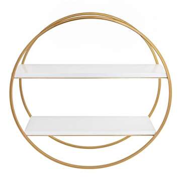 Kate and Laurel Sequoia Modern Round Wall Shelf, 24" Diameter, White and Gold, Contemporary Glam 2-Tier Floating Shelf Decor