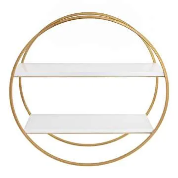 Kate and Laurel Sequoia Modern Round Wall Shelf, 24" Diameter, White and Gold, Contemporary Glam 2-Tier Floating Shelf Decor