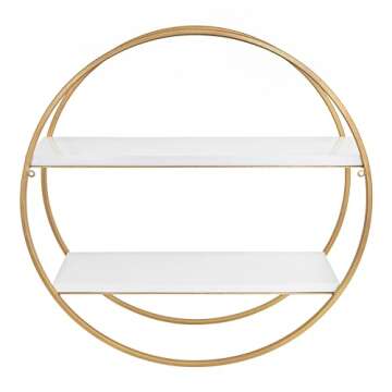 Kate and Laurel Sequoia Modern Round Wall Shelf, 24" Diameter, White and Gold, Contemporary Glam 2-Tier Floating Shelf Decor