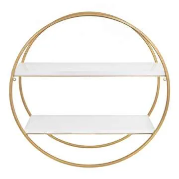Kate and Laurel Sequoia Modern Round Wall Shelf, 24" Diameter, White and Gold, Contemporary Glam 2-Tier Floating Shelf Decor