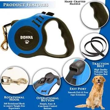 Bonna Retractable Dog Leash for Medium - Small Dogs and Cats 16.5FT Tangle Free, Heavy Duty Walking Leash with Anti Slip Handle, Pause and Lock Strong Nylon Tape, Dog Leash Retractable