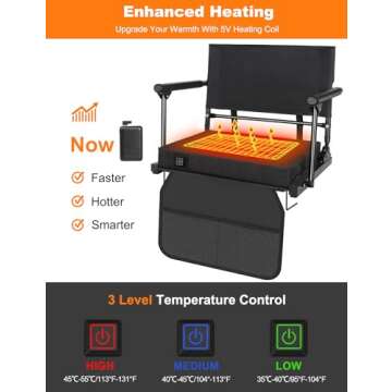 Heated Stadium Seats for Bleachers with Battey, 3 Levels of Heat Bleacher Seats with Back & Cushion, Foldable Heated Stadium Chairs with Armrests, Bleacher Warmer Chair for Camping Game Sport