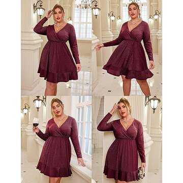 IN'VOLAND Women's Plus Size Surplice Neck Glitter Dress Wrap Short Cocktail Party Dress Long Sleeve Wine Red