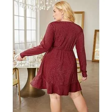IN'VOLAND Women's Plus Size Surplice Neck Glitter Dress Wrap Short Cocktail Party Dress Long Sleeve Wine Red