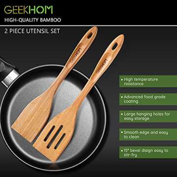 GEEKHOM Bamboo Spatulas for Nonstick Cookware, 13 Inch Wooden Kitchen Utensils, 2 Pack Wooden Spatula for Cooking, Slotted Wok Turners, Flipper for Pancake, Fish, Egg