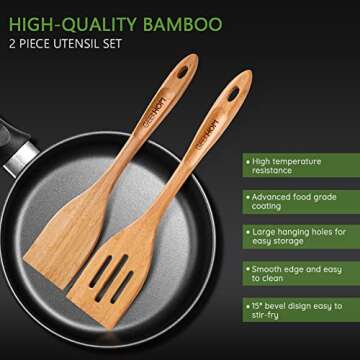 GEEKHOM Bamboo Spatulas for Nonstick Cookware, 13 Inch Wooden Kitchen Utensils, 2 Pack Wooden Spatula for Cooking, Slotted Wok Turners, Flipper for Pancake, Fish, Egg