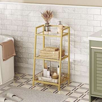 HOOBRO Glass Shelf Stand, 3 Tier Standing Shelf Unit, Bathroom Storage Organizer, Floor Bathroom Storage Shelves Waterproof, for Bathroom, Laundry, Toilet, Tempered Glass, Gold GD77CJ01