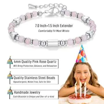 10 Year Old Girl Birthday Gifts for 10 Year Old Girl Trendy Happy 10th Birthday Decorations Rose Quartz Bracelets for Girls Daughter Granddaughter Double Digits Birthday Girl Jewelry 8-12