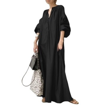 DMOYALA Oversized Dress for Women Lantern Long Sleeve Long Dress Casual V Neck Cotton Maxi Dress Plu...
