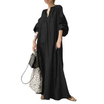 DMOYALA Oversized Dress for Women Lantern Long Sleeve Long Dress Casual V Neck Cotton Maxi Dress Plu...
