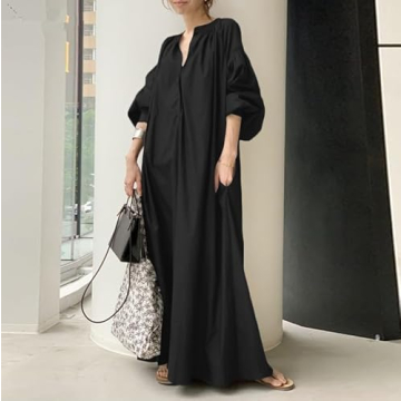 DMOYALA Oversized Dress for Women Lantern Long Sleeve Long Dress Casual V Neck Cotton Maxi Dress Plus Size Lounge Shirt Dress with Pockets Black Shirt Dress Women Maxi Dress 5XL