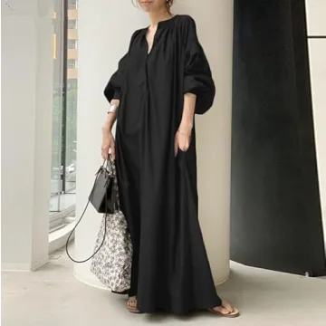 DMOYALA Oversized Dress for Women Lantern Long Sleeve Long Dress Casual V Neck Cotton Maxi Dress Plus Size Lounge Shirt Dress with Pockets Black Shirt Dress Women Maxi Dress 5XL