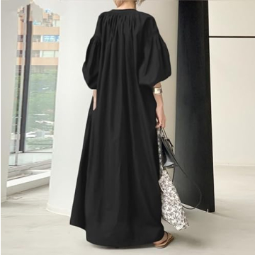 DMOYALA Oversized Dress for Women Lantern Long Sleeve Long Dress Casual V Neck Cotton Maxi Dress Plus Size Lounge Shirt Dress with Pockets Black Shirt Dress Women Maxi Dress 5XL