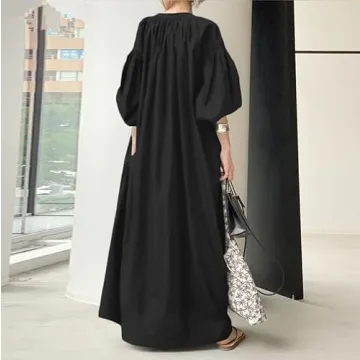 DMOYALA Oversized Dress for Women Lantern Long Sleeve Long Dress Casual V Neck Cotton Maxi Dress Plus Size Lounge Shirt Dress with Pockets Black Shirt Dress Women Maxi Dress 5XL