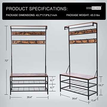 VIVOHOME 5-in-1 Entryway Hall Tree, Industrial Stand Organizer with Shoe Bench, Vintage MDF Wood Furniture with Stable Metal Frame