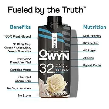 OWYN Pro Elite High Protein Keto Shake, Vanilla, 32g Vegan Protein, 9 Amino Acids, Omega-3, Prebiotics, Superfoods Greens, for Workout and Recovery, low carb snack, Zero Sugar (12 Pack)
