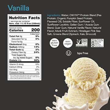 OWYN Pro Elite High Protein Keto Shake, Vanilla, 32g Vegan Protein, 9 Amino Acids, Omega-3, Prebiotics, Superfoods Greens, for Workout and Recovery, low carb snack, Zero Sugar (12 Pack)