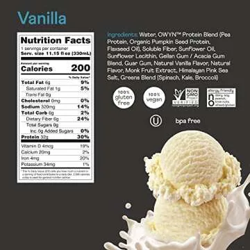 OWYN Pro Elite High Protein Keto Shake, Vanilla, 32g Vegan Protein, 9 Amino Acids, Omega-3, Prebiotics, Superfoods Greens, for Workout and Recovery, low carb snack, Zero Sugar (12 Pack)