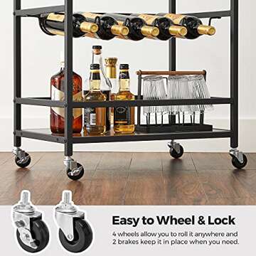 VASAGLE Bar Cart, Serving Cart with Wheels, Glass Stemware Rack and Wine Bottle Holders, 15.7 x 23.6 x 32.3 Inches, Industrial, Rustic Brown and Black ULRC087B01