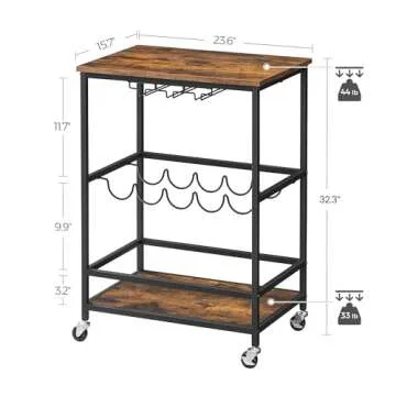 VASAGLE Bar Cart, Serving Cart with Wheels, Glass Stemware Rack and Wine Bottle Holders, 15.7 x 23.6 x 32.3 Inches, Industrial, Rustic Brown and Black ULRC087B01