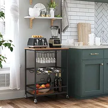 VASAGLE Bar Cart, Serving Cart with Wheels, Glass Stemware Rack and Wine Bottle Holders, 15.7 x 23.6 x 32.3 Inches, Industrial, Rustic Brown and Black ULRC087B01
